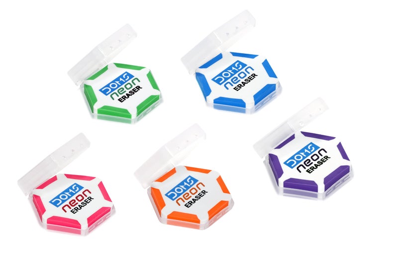 Doms Neon Eraser Box Pack | Hexagonal Eye Catching Design | Neat & Dust Free Erasing | Playful Body Colors | Plastic Case For Each Eraser | Pack of 30 Erasers - Image 1