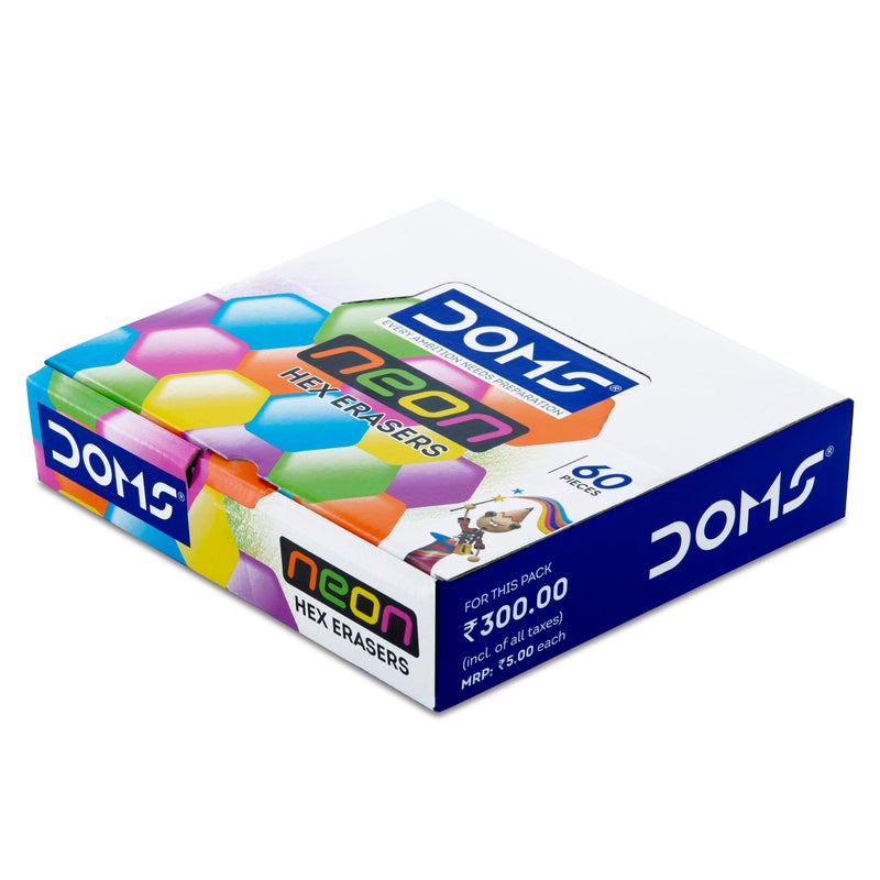 Doms Neon Eraser Box Pack | Hexagonal Eye Catching Design | Neat & Dust Free Erasing | Playful Body Colors | Plastic Case For Each Eraser | Pack of 30 Erasers - Image 3