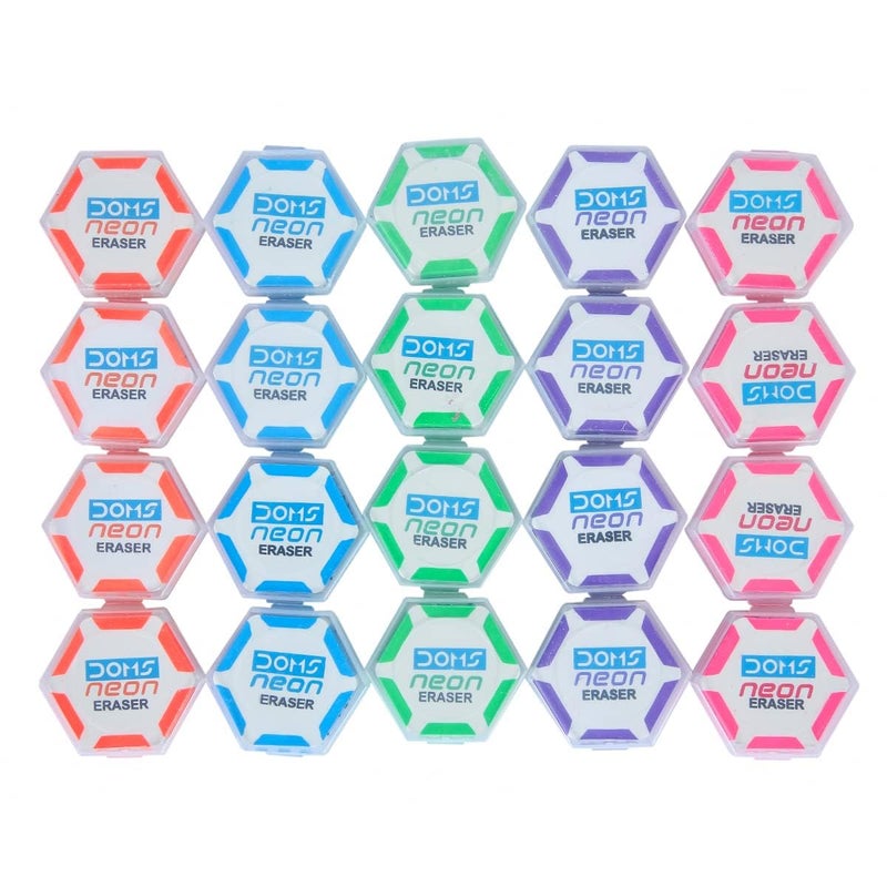Doms Neon Eraser Box Pack | Hexagonal Eye Catching Design | Neat & Dust Free Erasing | Playful Body Colors | Plastic Case For Each Eraser | Pack of 30 Erasers - Image 4