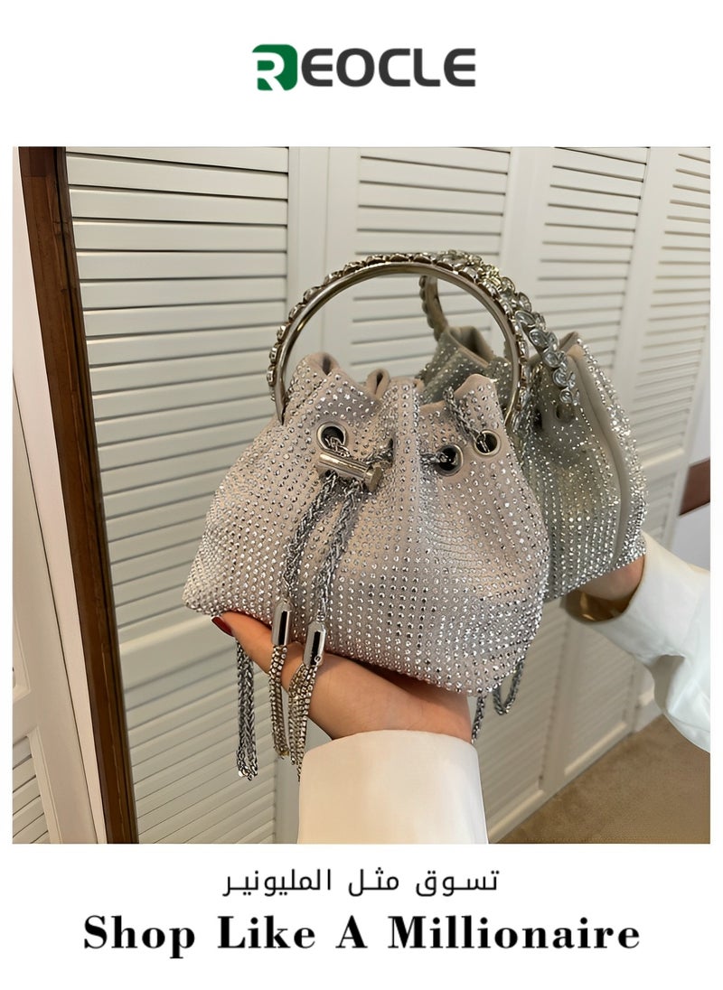 REOCLE Women's Full Diamonds Bucket Handbag Rhinestone Clutch Purse Evening Clutch for Women Party Prom Cocktail Wedding  - Image 1