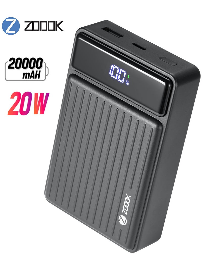 Zoook 20000mAh Fast Charging Power Bank – 22.5W PD 3.0 Portable Charger with USB-C Input and Output, Ultra-Compact Type-C Battery Pack, High-Speed Powerbank for iPhone 16 Pro Max, 15, 14, 13, 12, Samsung Galaxy S24, S23, S22, iPad Pro, AirPods and More, Smart LED Display, Travel-Friendly External Battery in Black - Image 1