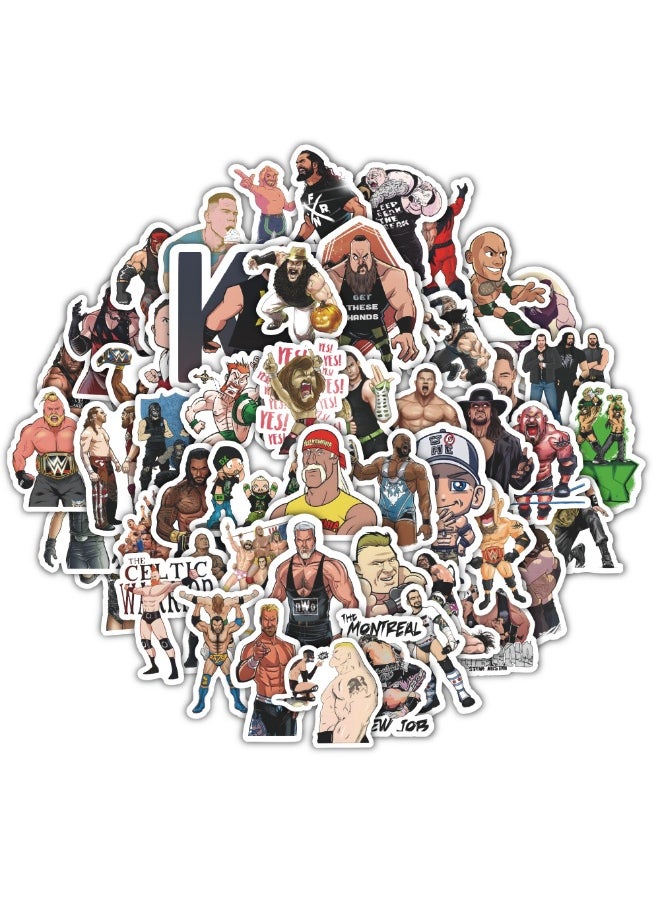 NIBEMINENT 60 Pcs WWE Deco Kit Waterproof Stickers, High Definition Printing Bright Colors, Suitable for Laptop Skateboard Luggage Water Bottle Guitar DIY  - Image 1