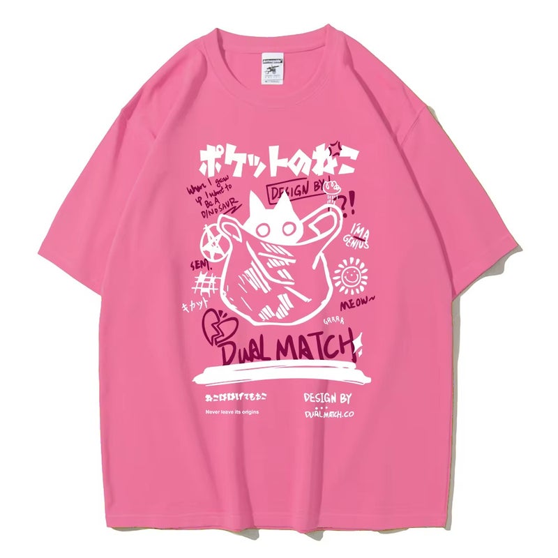 Unisex 2024 Harajuku Kawakami Cat Printed Short-Sleeved T-Shirt Couples Street Casual Loose Clothes Y2K Top - Image 1