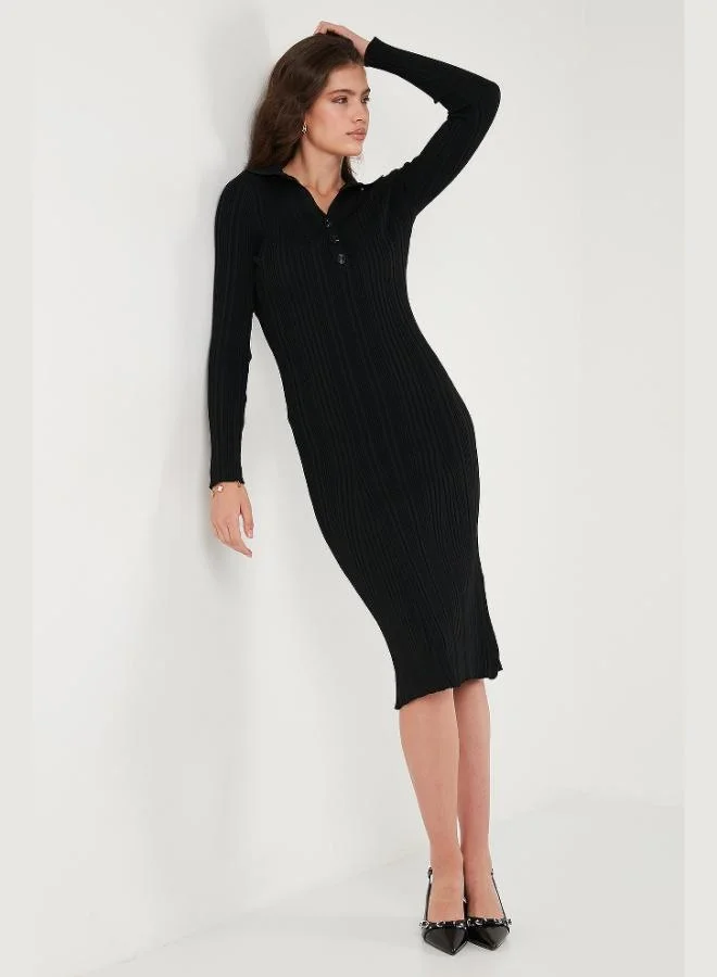 Lela  Lela Premium Ribbed V-Neck Slim Fit Midi Length Knitwear Dress Women's DRESS 680EL00282 for Women | Best Price UAE