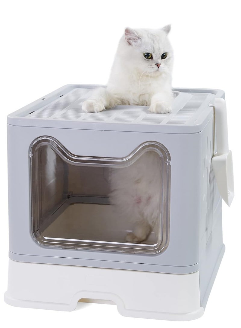 MissTiara Cat Litter Box, Double Entrance Cat Litter Tray with Lid XXL Foldable Large Top Entry Cat Litter Box with Pet Litter Shovel Covered Kitten Litter Tray with Drawer Pan Leak-Proof Cat Potty  - Image 1