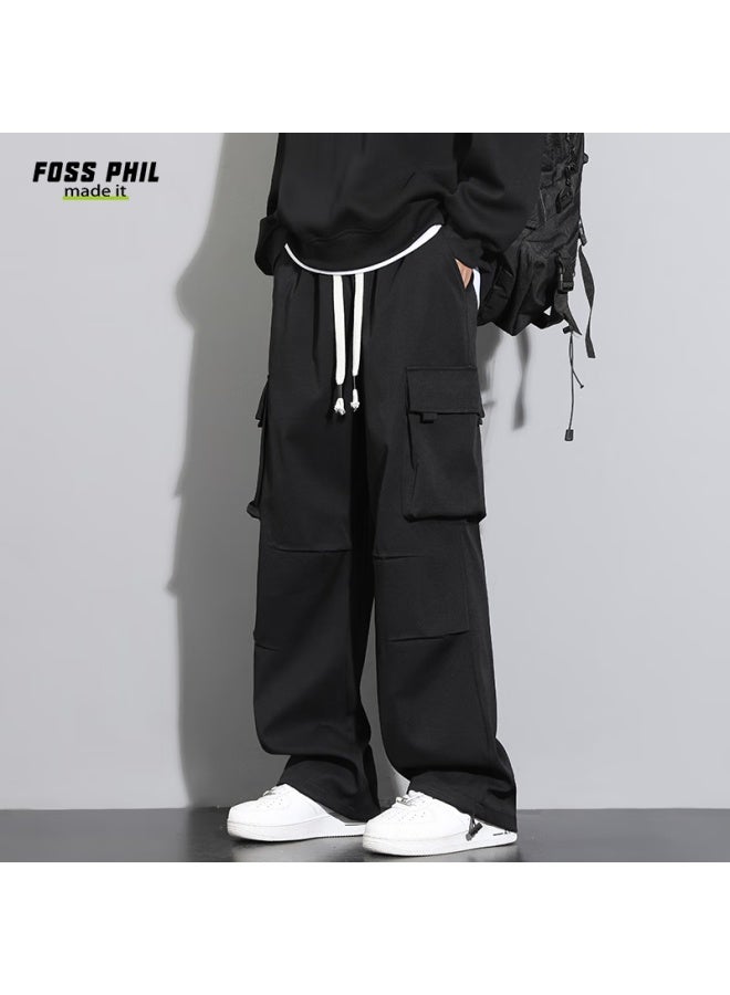 Foss Phil Men's Casual Wide Leg Loose Multi-pocket Straight Leg Work Pants Fpk55 Black XL - Image 2