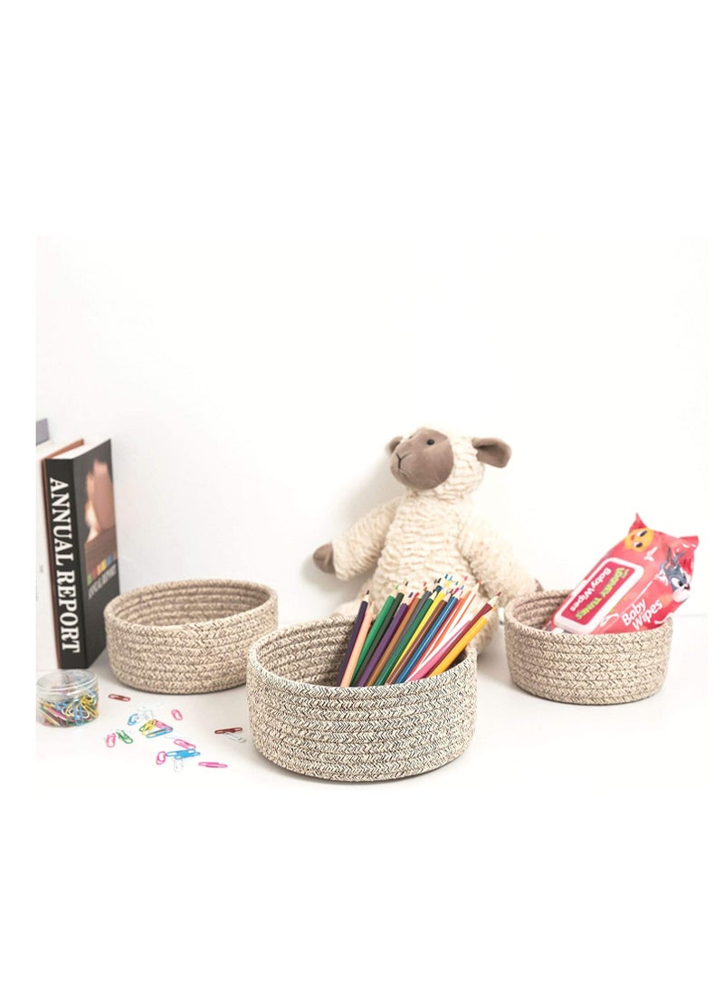 Cotton Rope Nesting Baskets, 3 Pack Woven Cotton Rope Storage Basket, Lovely Closet Baskets Bins for Shelves, Rope Storage Baskets Mini Table Basket Organizer for Small Household Items (Brown) - Image 3
