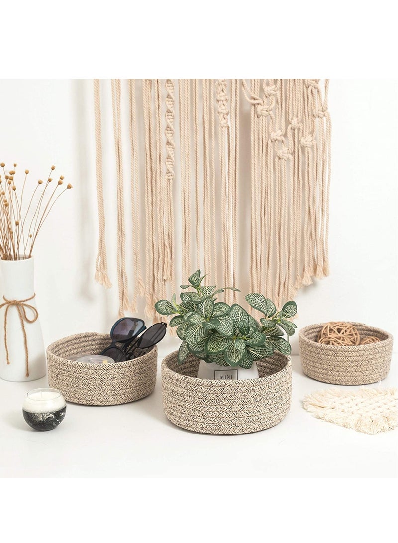 Cotton Rope Nesting Baskets, 3 Pack Woven Cotton Rope Storage Basket, Lovely Closet Baskets Bins for Shelves, Rope Storage Baskets Mini Table Basket Organizer for Small Household Items (Brown) - Image 4