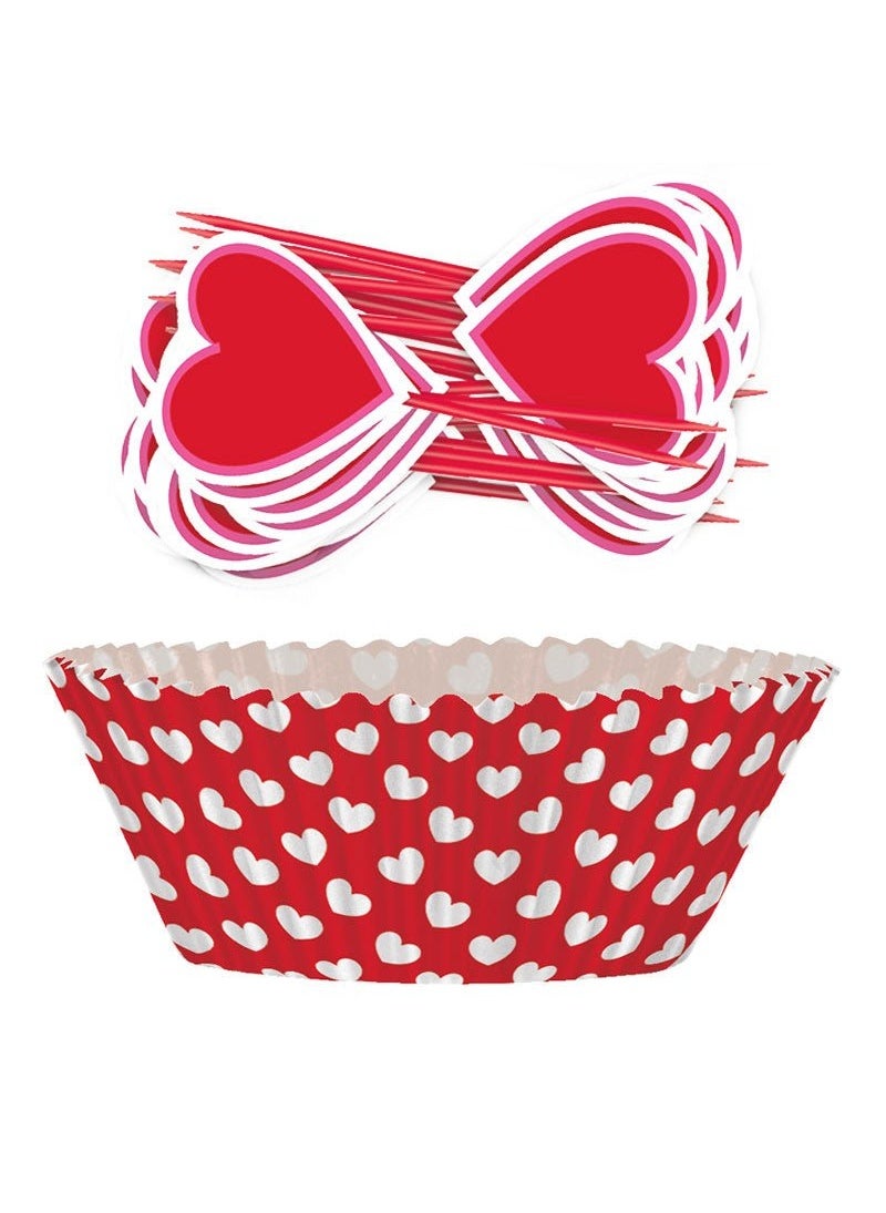 Unique Heart Pattern Valentine Cupcake Kit Red White Paper 24-Pack - Image 1