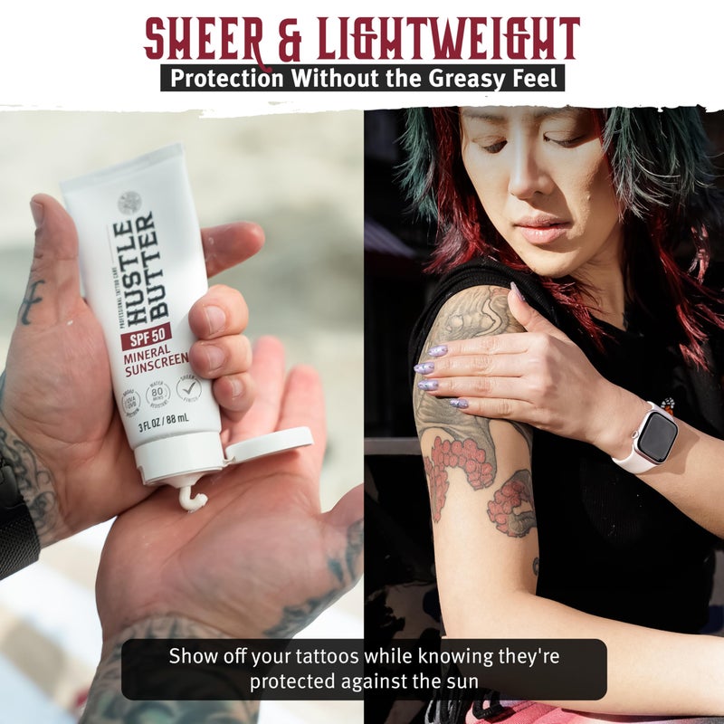 hustle butter deluxe Hustle Butter Tattoo Aftercare Sunscreen - Tattoo Sunscreen Lotion - Fade Protection, SPF 50, Hydrating with Shea Butter & Coconut Oil, TSA-Friendly, Water Resistant, Non-Greasy, 3 oz - Image 3