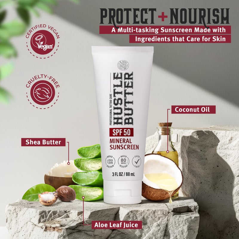 hustle butter deluxe Hustle Butter Tattoo Aftercare Sunscreen - Tattoo Sunscreen Lotion - Fade Protection, SPF 50, Hydrating with Shea Butter & Coconut Oil, TSA-Friendly, Water Resistant, Non-Greasy, 3 oz - Image 4