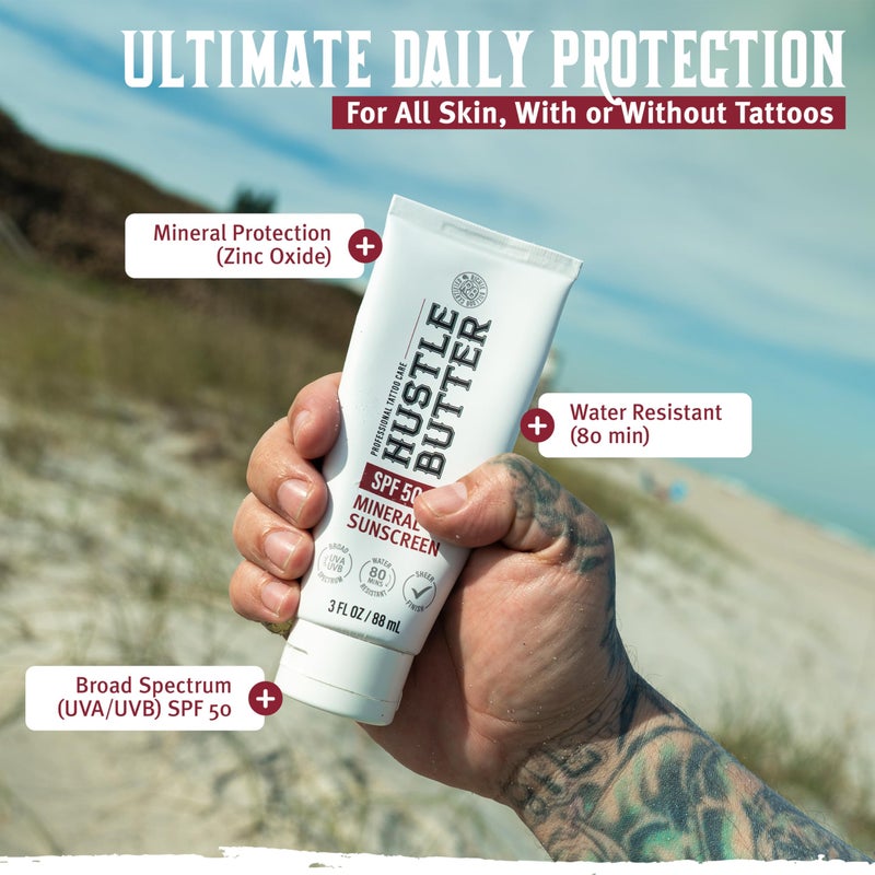 hustle butter deluxe Hustle Butter Tattoo Aftercare Sunscreen - Tattoo Sunscreen Lotion - Fade Protection, SPF 50, Hydrating with Shea Butter & Coconut Oil, TSA-Friendly, Water Resistant, Non-Greasy, 3 oz - Image 2