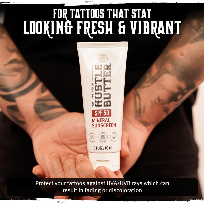 hustle butter deluxe Hustle Butter Tattoo Aftercare Sunscreen - Tattoo Sunscreen Lotion - Fade Protection, SPF 50, Hydrating with Shea Butter & Coconut Oil, TSA-Friendly, Water Resistant, Non-Greasy, 3 oz - Image 5