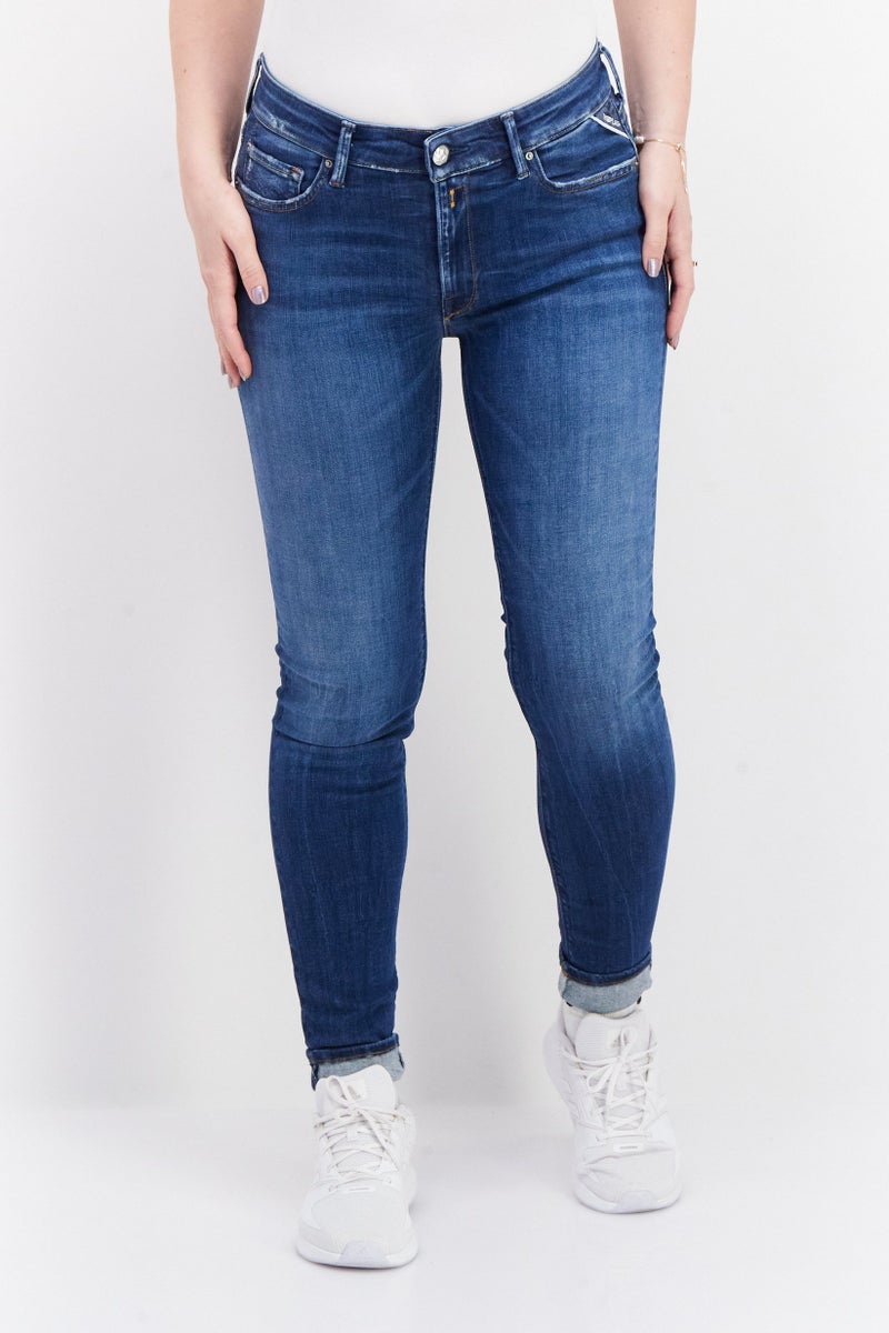 Replay Women Skinny Fit Stretchable Washed Denim Jeans, Blue - Image 1
