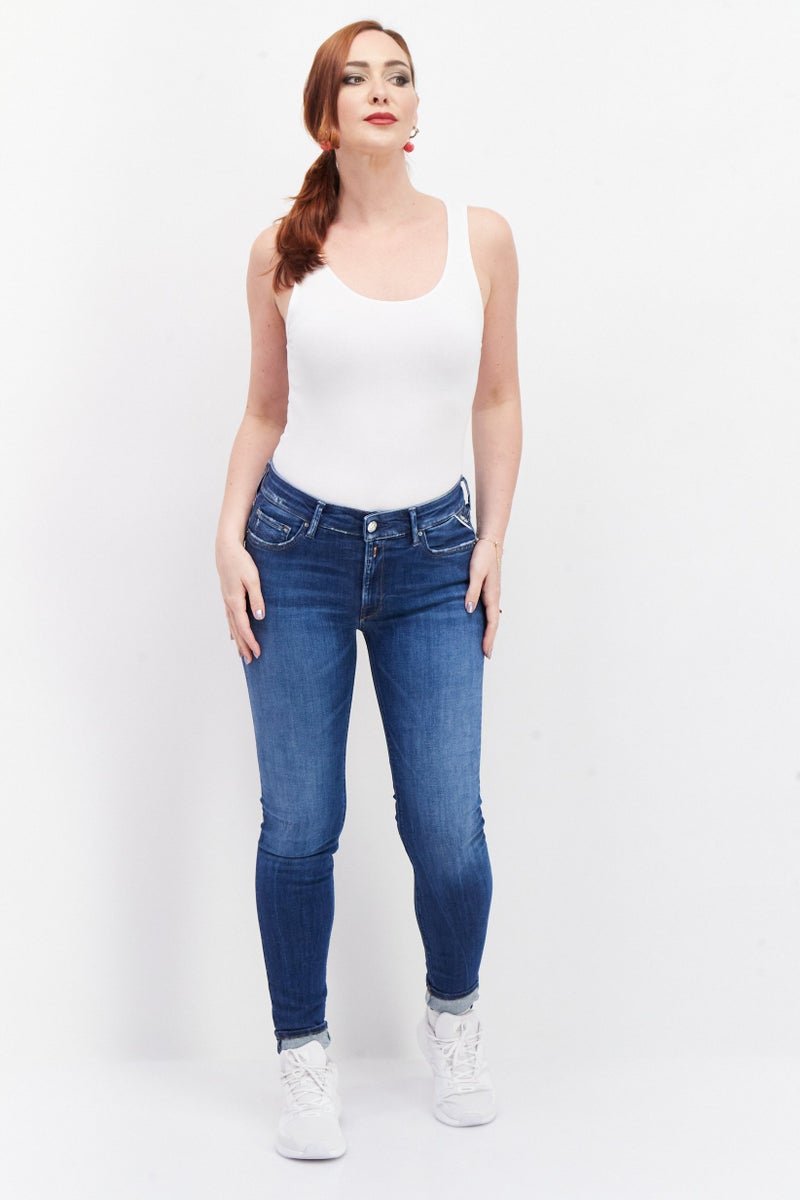 Replay Women Skinny Fit Stretchable Washed Denim Jeans, Blue - Image 2