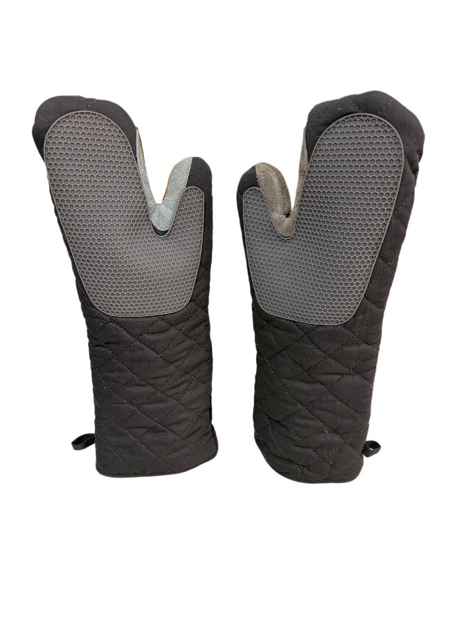 Extra Long Heat Resistant Oven Gloves Thick Leather Reinforced Silicone Grip BBQ Baking Kitchen Gloves for Home & Commercial Use - Image 1