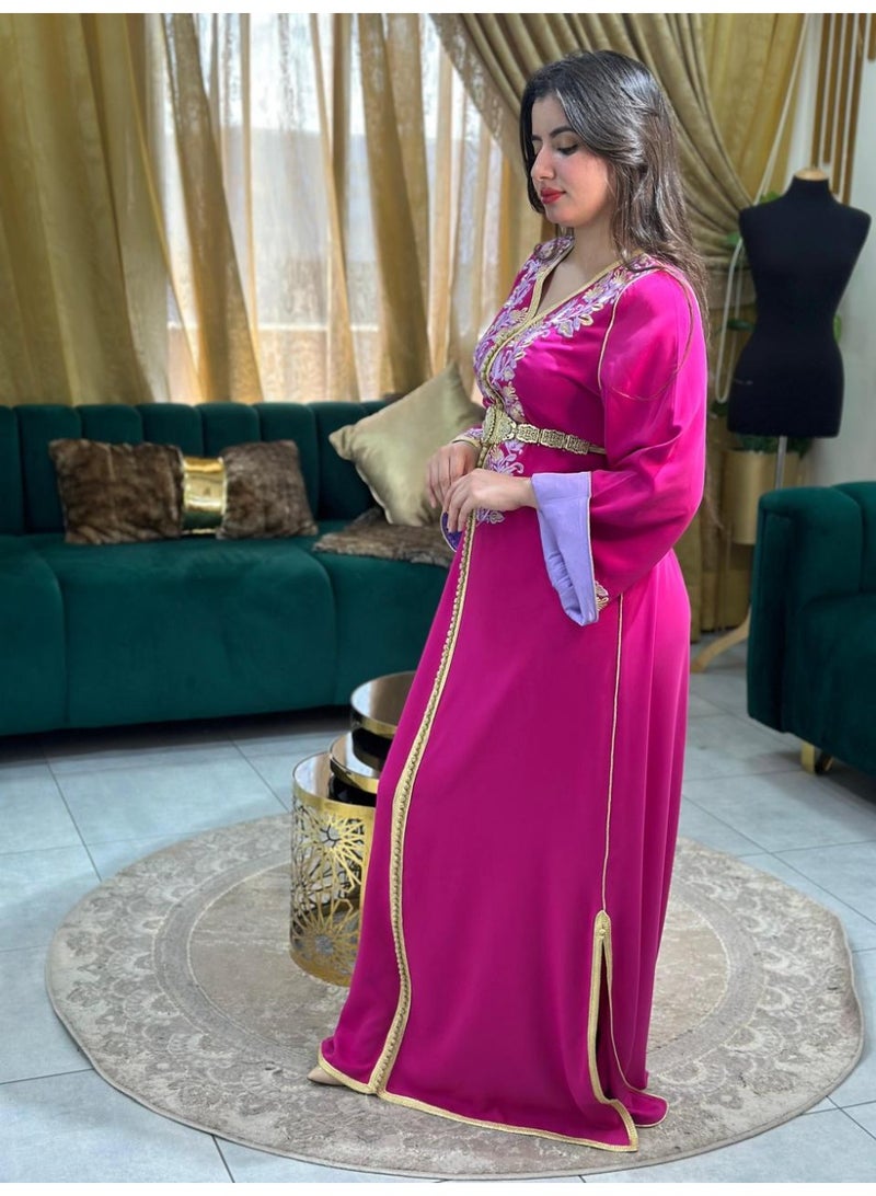 Al Merrakchiya Women’s Long Caftan / Kaftan Tunic Dress – Maxi Crepe Kaftan | Soft & Comfortable jalabiya For Womens | Modest Traditional Dress for Daily Wear - Indian Pink-CM6 - Image 4