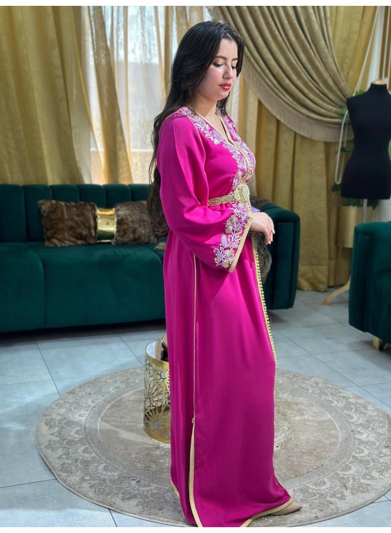 Al Merrakchiya Women’s Long Caftan / Kaftan Tunic Dress – Maxi Crepe Kaftan | Soft & Comfortable jalabiya For Womens | Modest Traditional Dress for Daily Wear - Indian Pink-CM6 - Image 5