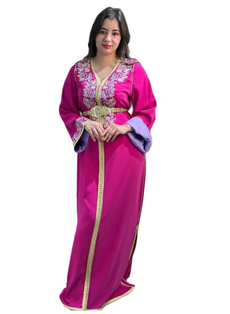 Al Merrakchiya Women’s Long Caftan / Kaftan Tunic Dress – Maxi Crepe Kaftan | Soft & Comfortable jalabiya For Womens | Modest Traditional Dress for Daily Wear - Indian Pink-CM6 - Image 1