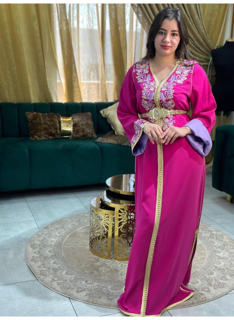 Al Merrakchiya Women’s Long Caftan / Kaftan Tunic Dress – Maxi Crepe Kaftan | Soft & Comfortable jalabiya For Womens | Modest Traditional Dress for Daily Wear - Indian Pink-CM6 - Image 3