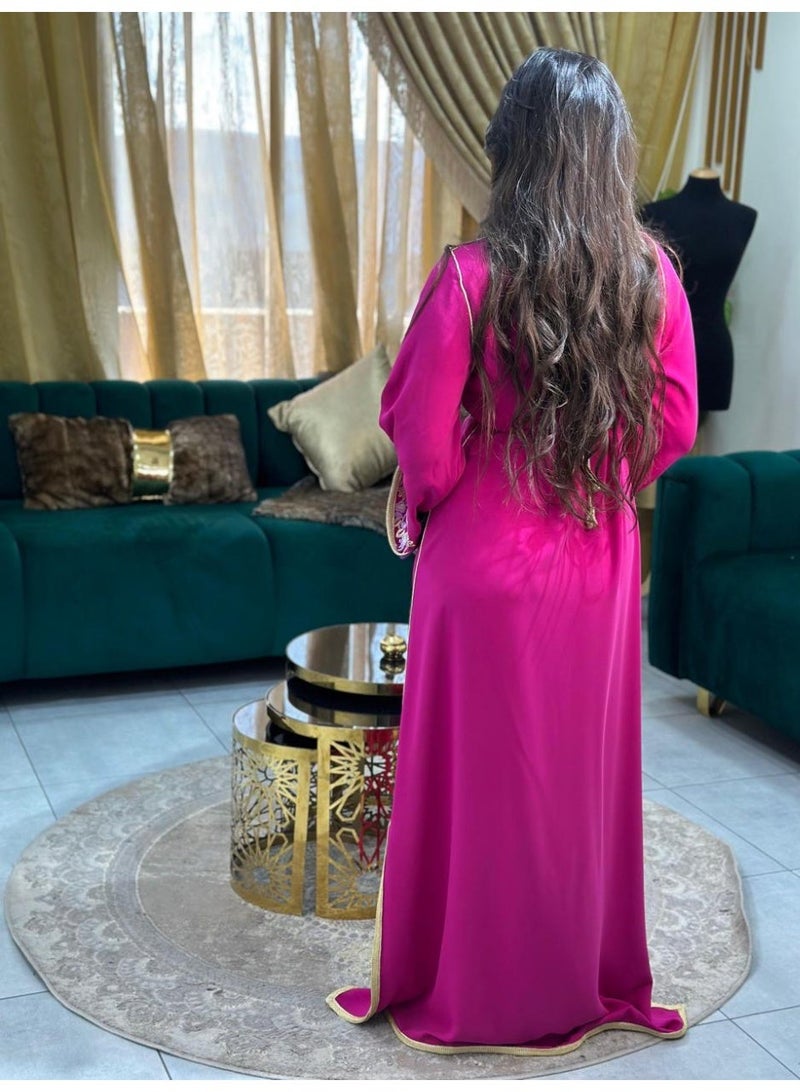 Al Merrakchiya Women’s Long Caftan / Kaftan Tunic Dress – Maxi Crepe Kaftan | Soft & Comfortable jalabiya For Womens | Modest Traditional Dress for Daily Wear - Indian Pink-CM6 - Image 2