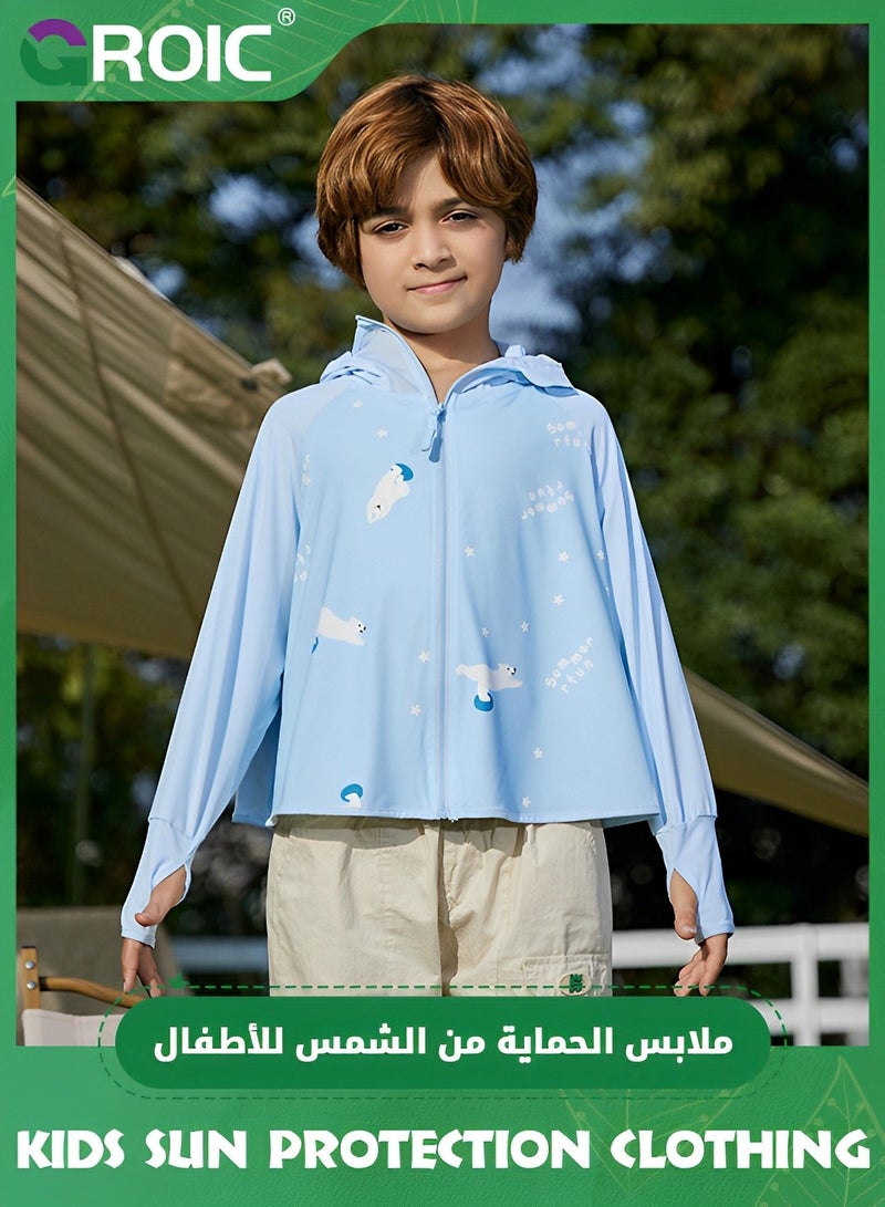 GROIC UPF 50+ UV Sun Protection Clothing for Kids, Ice Silk Long Sleeve Hoodie Shirt, Summer Elastic Quick Dry Athletic Hiking Lightweight Zipper Outdoor Jacket - Blue  - Image 1