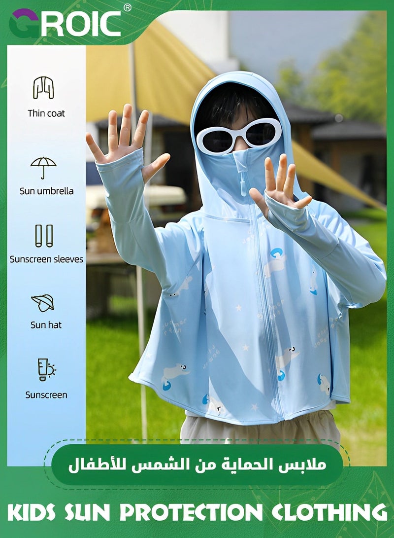 GROIC UPF 50+ UV Sun Protection Clothing for Kids, Ice Silk Long Sleeve Hoodie Shirt, Summer Elastic Quick Dry Athletic Hiking Lightweight Zipper Outdoor Jacket - Blue  - Image 5