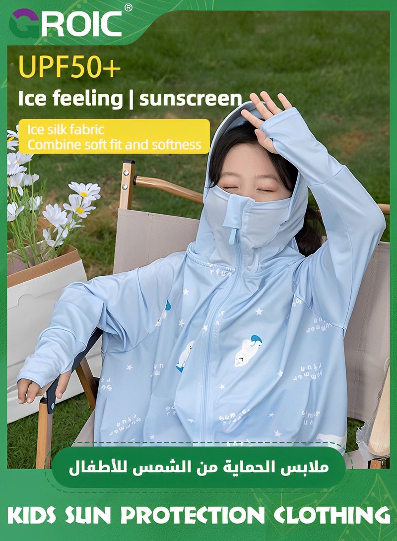 GROIC UPF 50+ UV Sun Protection Clothing for Kids, Ice Silk Long Sleeve Hoodie Shirt, Summer Elastic Quick Dry Athletic Hiking Lightweight Zipper Outdoor Jacket - Blue  - Image 2