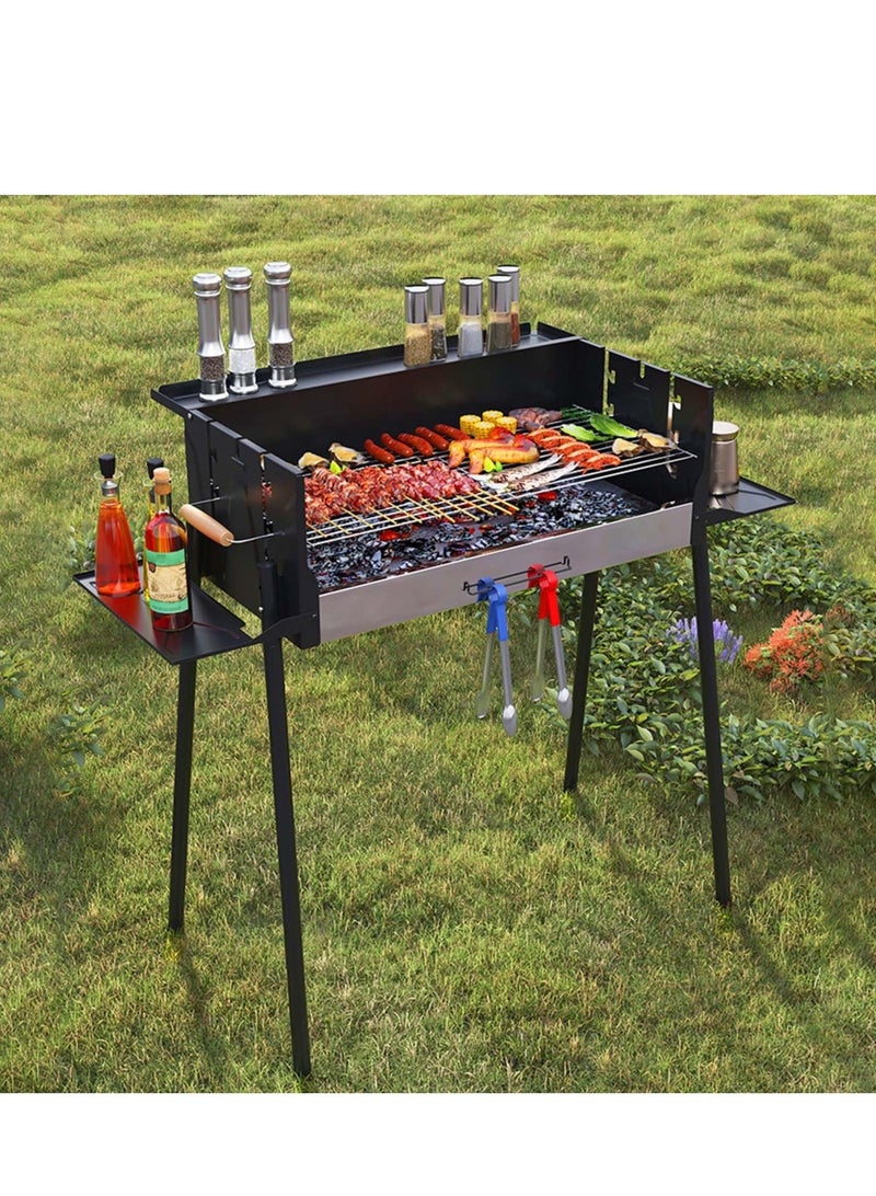 والالا شوايات الفحم للشواء، شواية محمولة، مجموعة شواء كباب، رف تخزين قابل للطي، درجة حرارة قابلة للتعديل بثلاث سرعات، شواية مقاومة للرياح، موقد شواء خارجي معدني كبير الحجم، أسود - Image 1