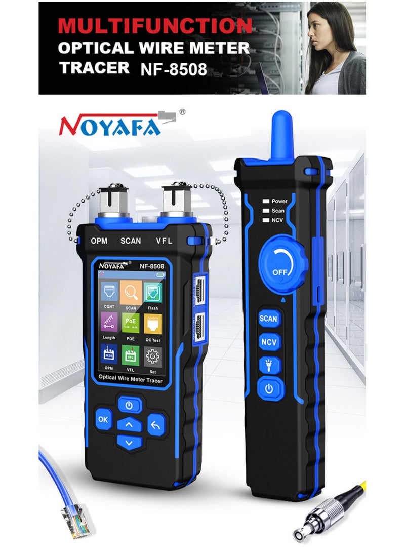 NOYAFA - جهاز تتبع عداد الأسلاك البصري LCD جهاز اختبار كابل الشبكة الرقمية القابلة لإعادة الشحن، مكتشف خط الشبكة متعدد الوظائف، جهاز تتبع الأسلاك، مدقق PoE مع وظيفة OPM/VFL/CONT/SCAN/إضاءة - Image 1