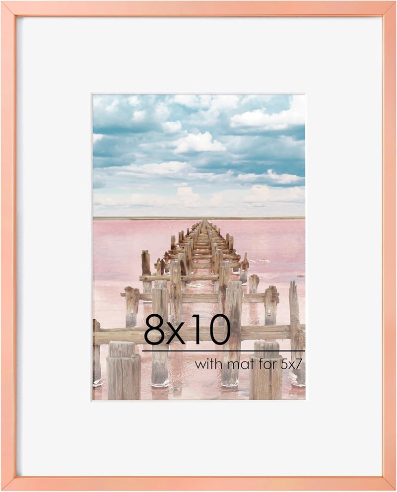 FLYJOE 8x10 Picture Frame with Mat to 5x7, Metal Picture Frame with Plexiglass,Rose Gold - Image 1
