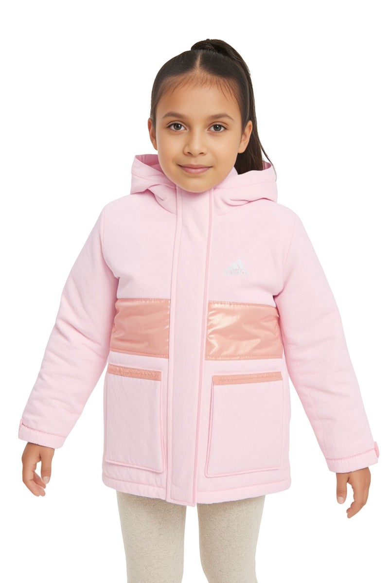 Adidas جاكيت بوفير خارجي للبنات، وردي، بشعار العلامة التجارية للأطفال - Image 1