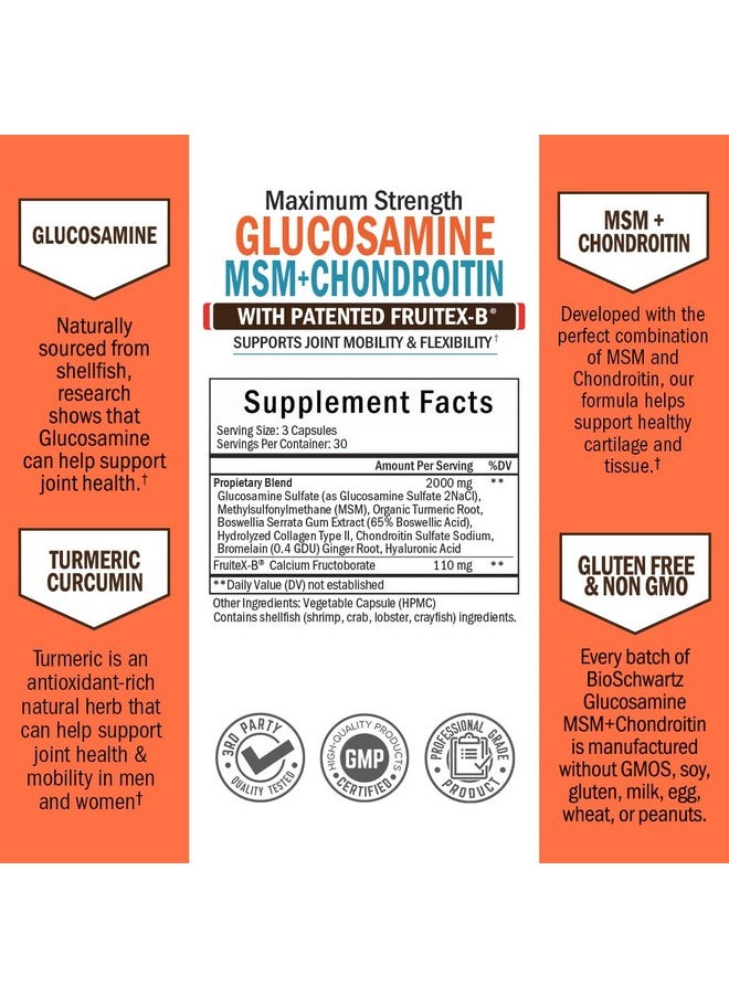 BioSchwartz - Glucosamine Chondroitin Msm 2110Mg Joint Support Supplement With Turmeric Curcumin For Hands Back Knee & Joint Health For Men & Women Glutenfree Nongmo Supplement Made In Usa 90 Capsules - Image 1