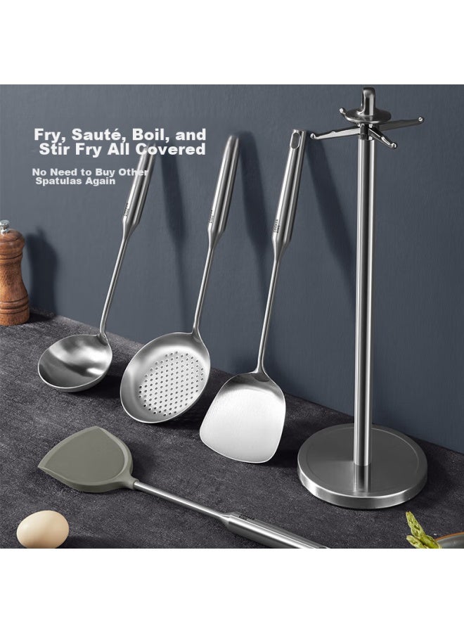 COOKER KING Chuidahuang Kitchen Utensil Set, 304 Stainless Steel Cooking Spatula, Ladle, Strainer, Silicone Spatula, Storage Rack, Five-piece Set - Image 2