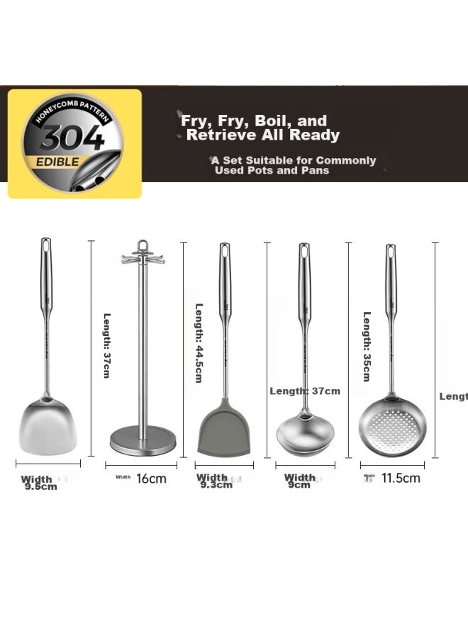 COOKER KING Chuidahuang Kitchen Utensil Set, 304 Stainless Steel Cooking Spatula, Ladle, Strainer, Silicone Spatula, Storage Rack, Five-piece Set - Image 1
