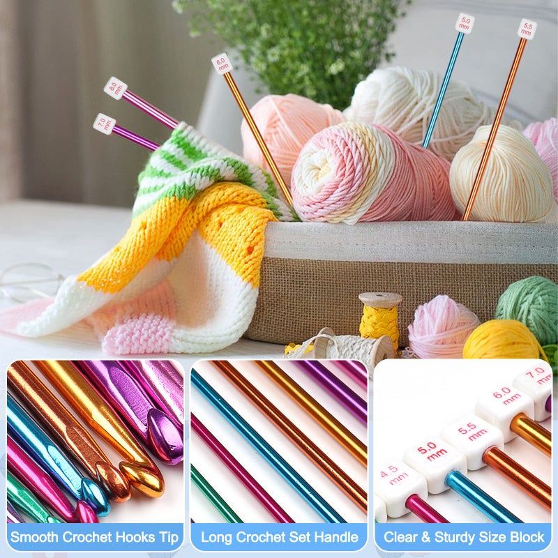 Aeelike Tunisian Crochet Kit for Beginners Adults, Starter Afghan Crochet Hooks Kit with Yarn, 11pcs 2mm to 8mm Aluminum Afghan Hooks Craft Set and Crochet Accessories Storage Bag, Blue Flower - Image 2