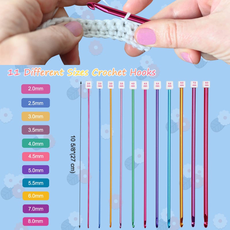 Aeelike Tunisian Crochet Kit for Beginners Adults, Starter Afghan Crochet Hooks Kit with Yarn, 11pcs 2mm to 8mm Aluminum Afghan Hooks Craft Set and Crochet Accessories Storage Bag, Blue Flower - Image 3