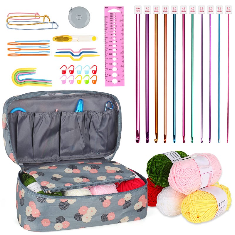 Aeelike Tunisian Crochet Kit for Beginners Adults, Starter Afghan Crochet Hooks Kit with Yarn, 11pcs 2mm to 8mm Aluminum Afghan Hooks Craft Set and Crochet Accessories Storage Bag, Blue Flower - Image 1