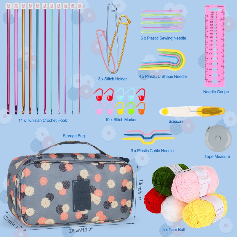 Aeelike Tunisian Crochet Kit for Beginners Adults, Starter Afghan Crochet Hooks Kit with Yarn, 11pcs 2mm to 8mm Aluminum Afghan Hooks Craft Set and Crochet Accessories Storage Bag, Blue Flower - Image 5