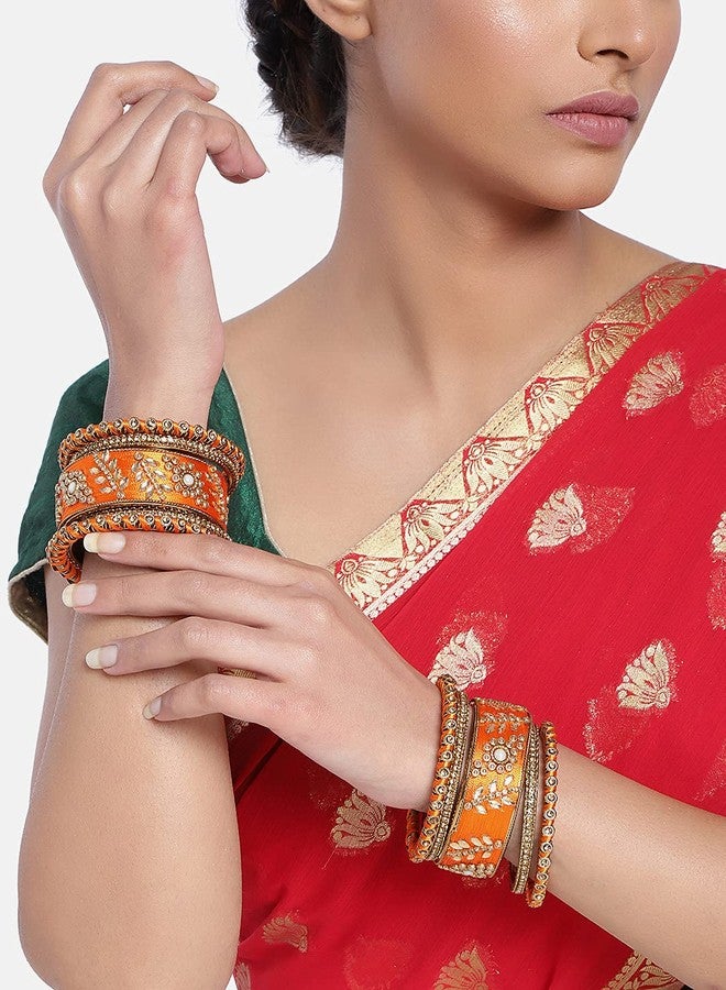 Aheli Traditional Wedding Designer Silk Thread Faux Stone Studded Bridal Bangle Set Chuda Indian Ethnic Bollywood Fashion Jewelry Gift for Women Orange - Image 4
