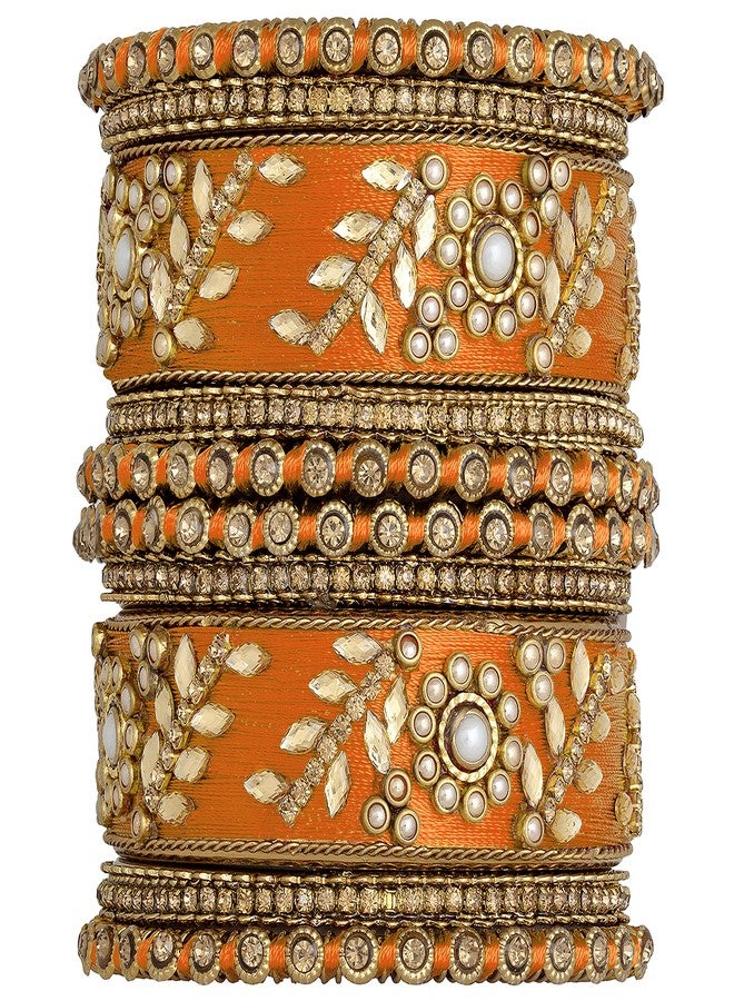 Aheli Traditional Wedding Designer Silk Thread Faux Stone Studded Bridal Bangle Set Chuda Indian Ethnic Bollywood Fashion Jewelry Gift for Women Orange - Image 1