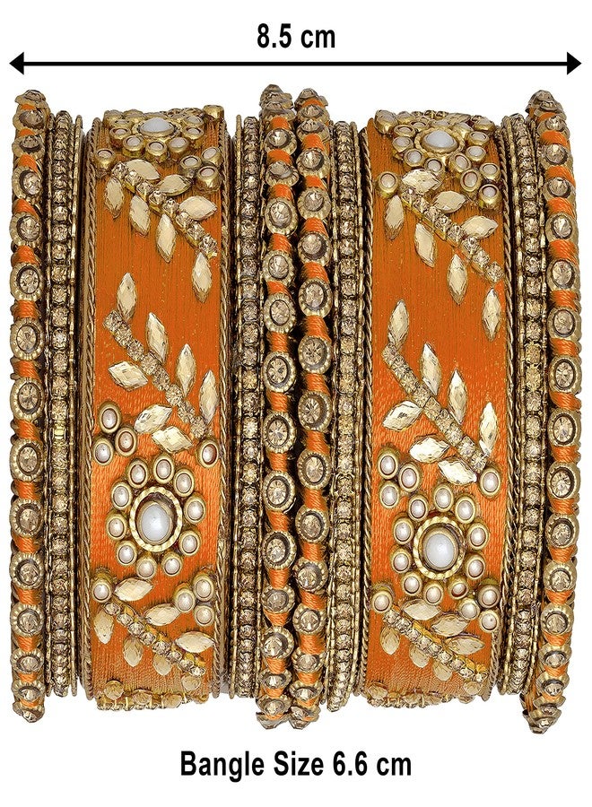 Aheli Traditional Wedding Designer Silk Thread Faux Stone Studded Bridal Bangle Set Chuda Indian Ethnic Bollywood Fashion Jewelry Gift for Women Orange - Image 2