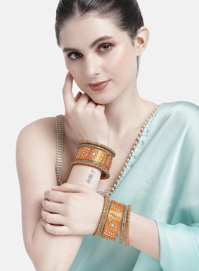Aheli Traditional Wedding Designer Silk Thread Faux Stone Studded Bridal Bangle Set Chuda Indian Ethnic Bollywood Fashion Jewelry Gift for Women Orange - Image 3