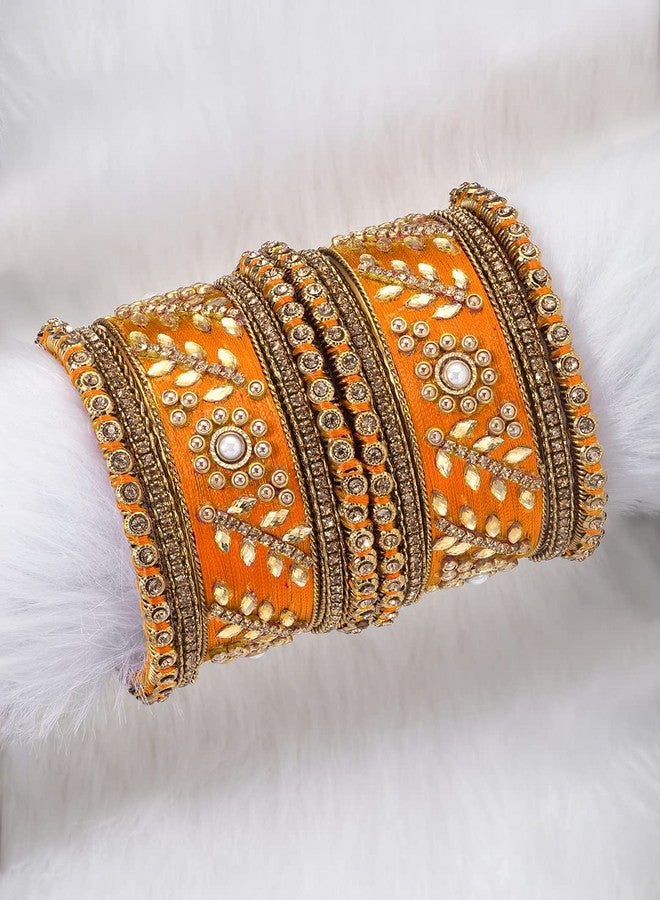 Aheli Traditional Wedding Designer Silk Thread Faux Stone Studded Bridal Bangle Set Chuda Indian Ethnic Bollywood Fashion Jewelry Gift for Women Orange - Image 5