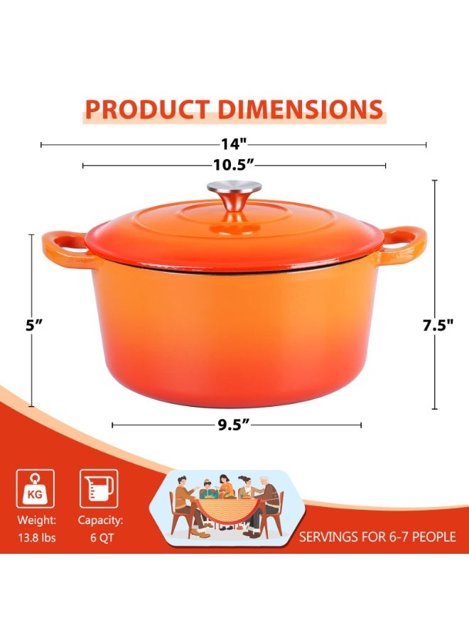 YelaJoy 6 Quart Dutch Oven, Enameled Cast Iron Dutch Oven Pot with Lid, Nonstick Round Cookware for Braising/Stews/Roasting/Bread Baking/Cooking, Heavy Duty, Induction & Oven Safe - Orange - Image 2
