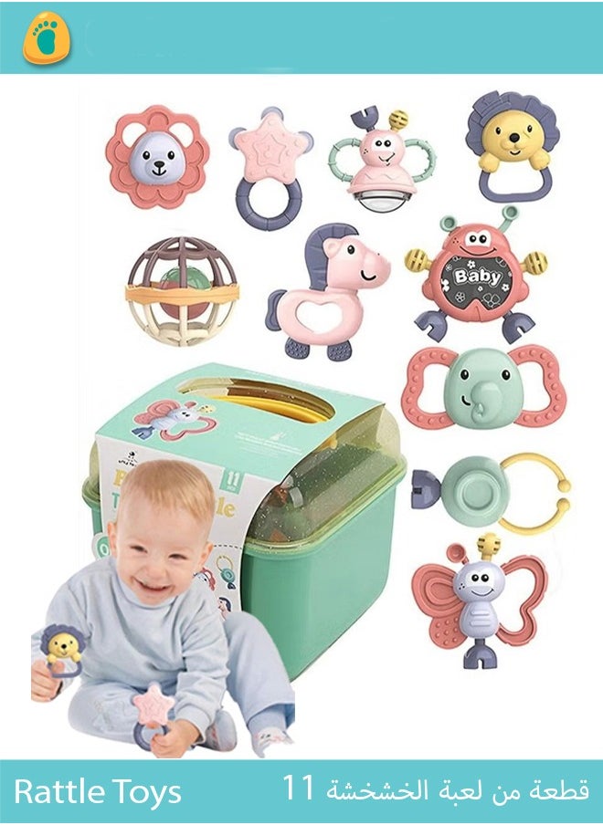 bbet Rattle Toys,  11pcs Baby Rattle Toys with Storage Box,Teether Baby Toys for Infant,Baby Toys 3 6 Months For Kid, Infant Teething Toy Gift for Baby Girl خشخيشة اطفال  العاب اطفال رضع  Grab and Spin Rattles Sensory Toy Set, Food Grade Silicone Material  - Image 1