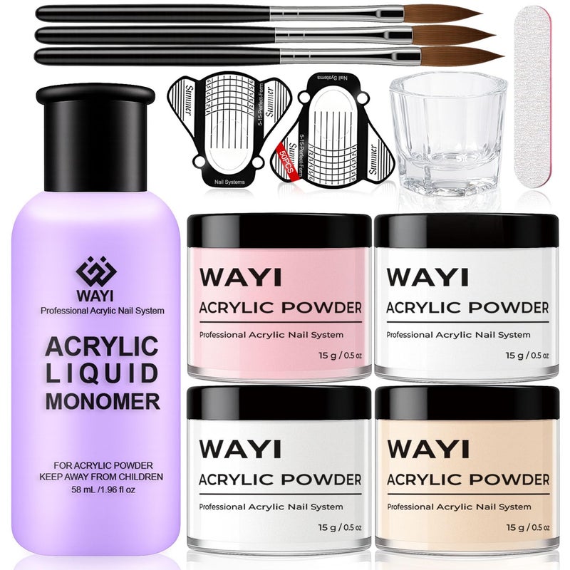 WAYI 9Pcs Acrylic Nail Kit - 4Pcs Acrylic Powder (Pink, White, Clear, Nude) and Professional Acrylic Liquid Monomer set with Acrylic Nail Brush Nail Forms Glass Cup for Beginner kit - Image 1