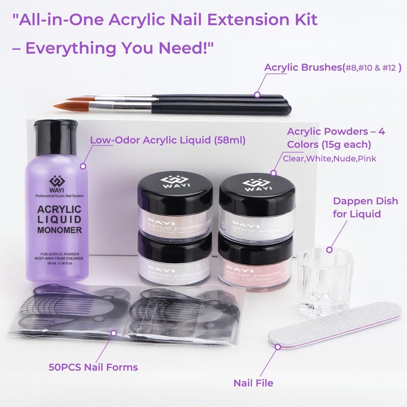 WAYI 9Pcs Acrylic Nail Kit - 4Pcs Acrylic Powder (Pink, White, Clear, Nude) and Professional Acrylic Liquid Monomer set with Acrylic Nail Brush Nail Forms Glass Cup for Beginner kit - Image 2