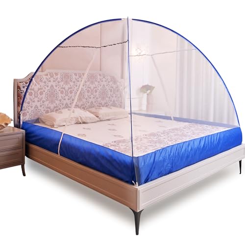 Onlinetree Mosquito net for King Size Bed | Mosquito net Double Bed | Bed Queen Size Foldable Machardani | Polyester 30GSM Strong Net | PVC Coated Corrosion Resistant Steel Wire - Blue - Image 1