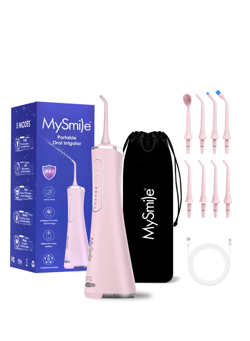 MySmile MySmile LP211 Cordless Advanced Water Flosser for Teeth 5 Cleaning Modes Rechargeable Power Dental Flosser 8 Replacement Jet Tips IPX 7 Waterproof Dental Irrigador with Travel Storage Pouch (Pink)  - Image 1